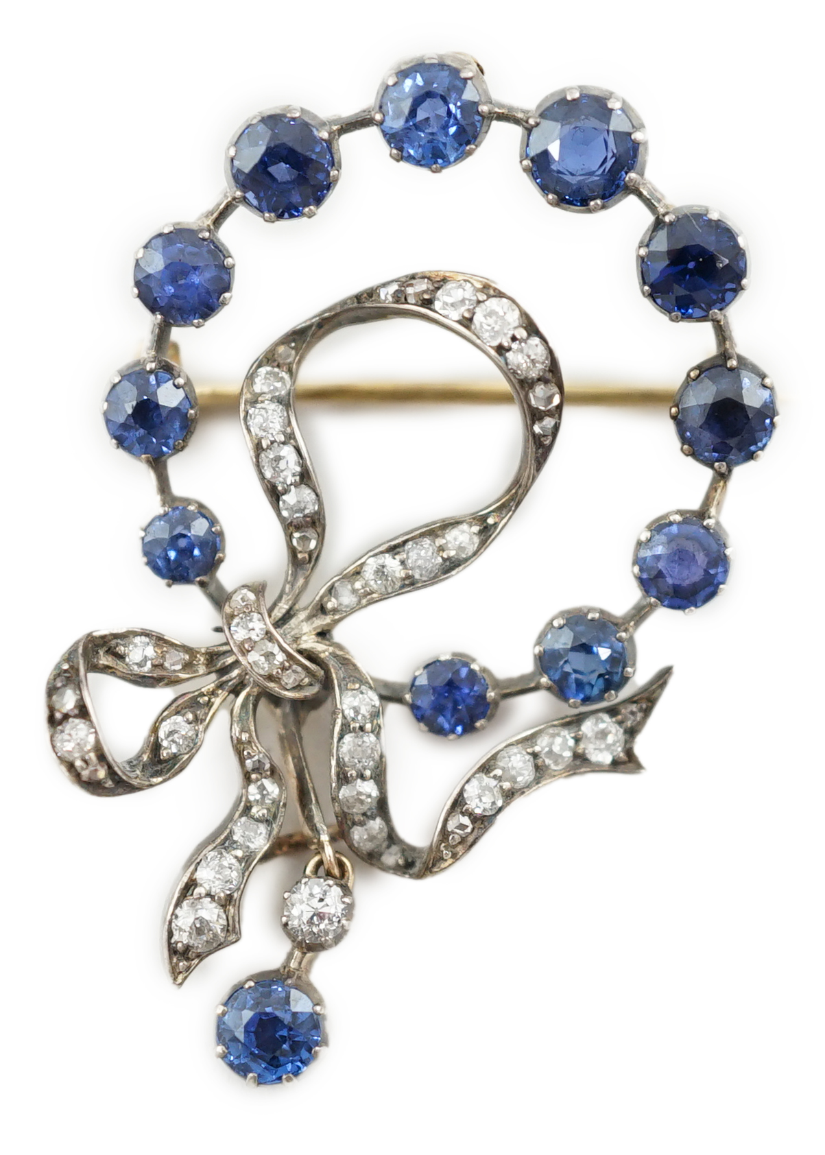 A Victorian gold and silver, sapphire and diamond cluster set drop pendant brooch